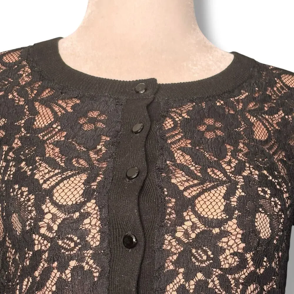Banana Republic Petite XS Black Lace Cardigan Sheer Floral Knit Button Front